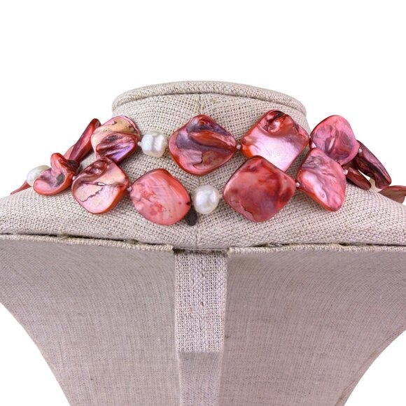 Red Pink Womens Shell & Pearl Long Necklace - Picture 2 of 6